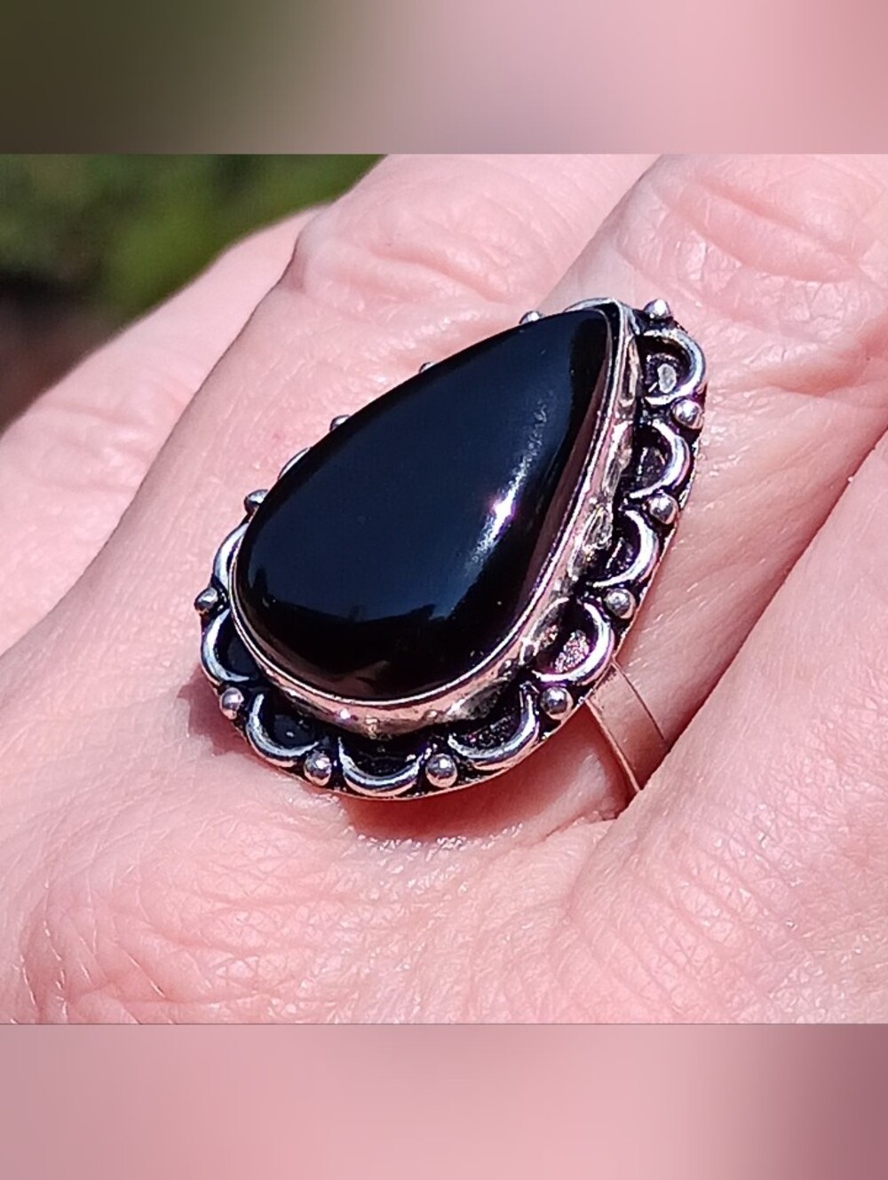 Natural Teardrop Black Onyx Boho Style 925 Sterling Silver Ring Sz 7.5 - Picture 3 of 5